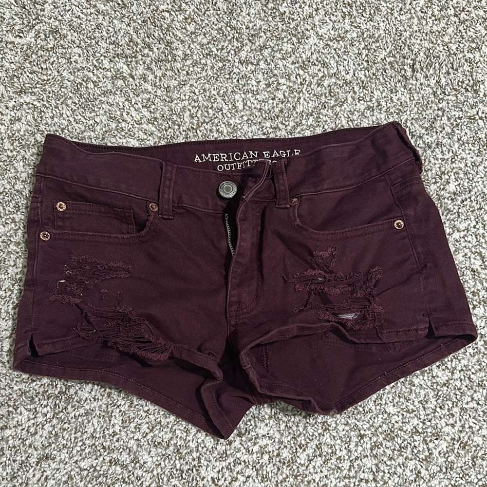 American Eagle Outfitters Maroon Jean Shorts Distressed Cut-Off